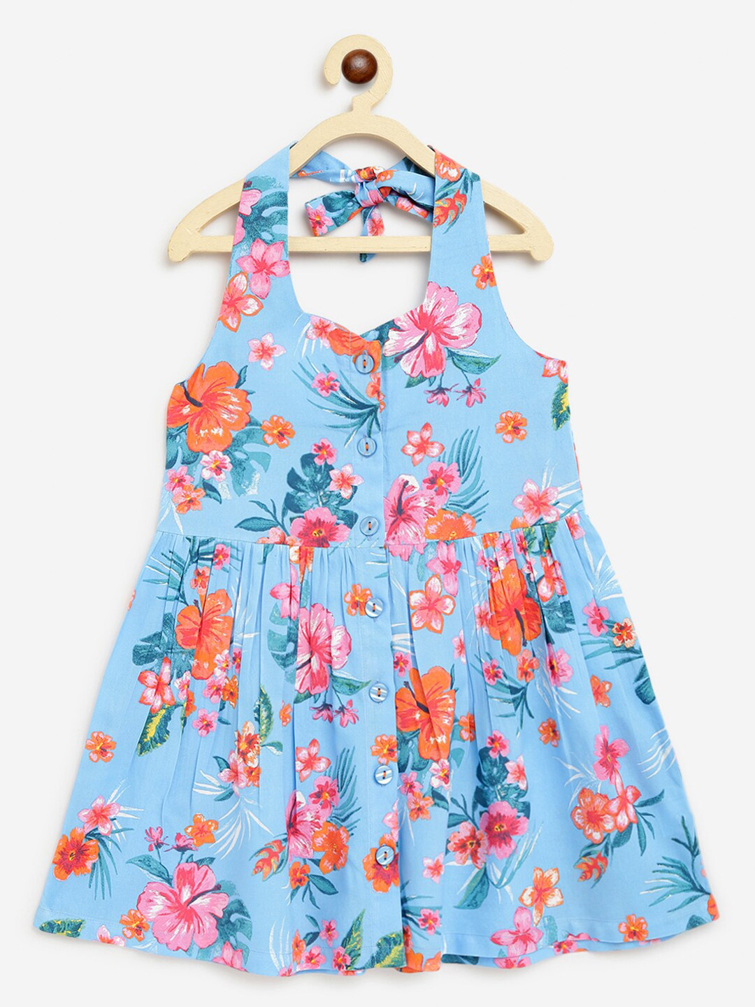 

Campana Girls Blue & Pink Tropical Printed Halter Neck Dress
