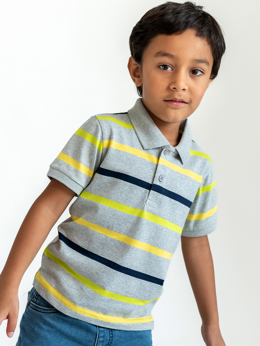 

Campana Boys Grey & Yellow Striped Polo Collar Pure Cotton Applique T-shirt