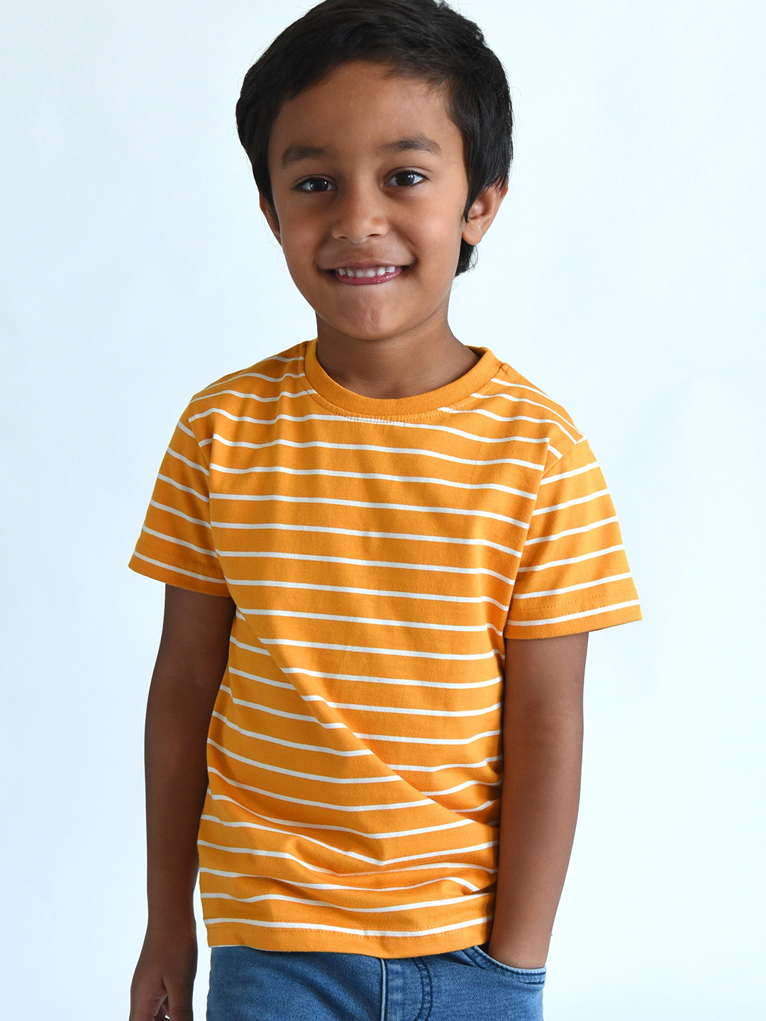 

Campana Boys Yellow & White Striped Round Neck Pure Cotton T-shirt
