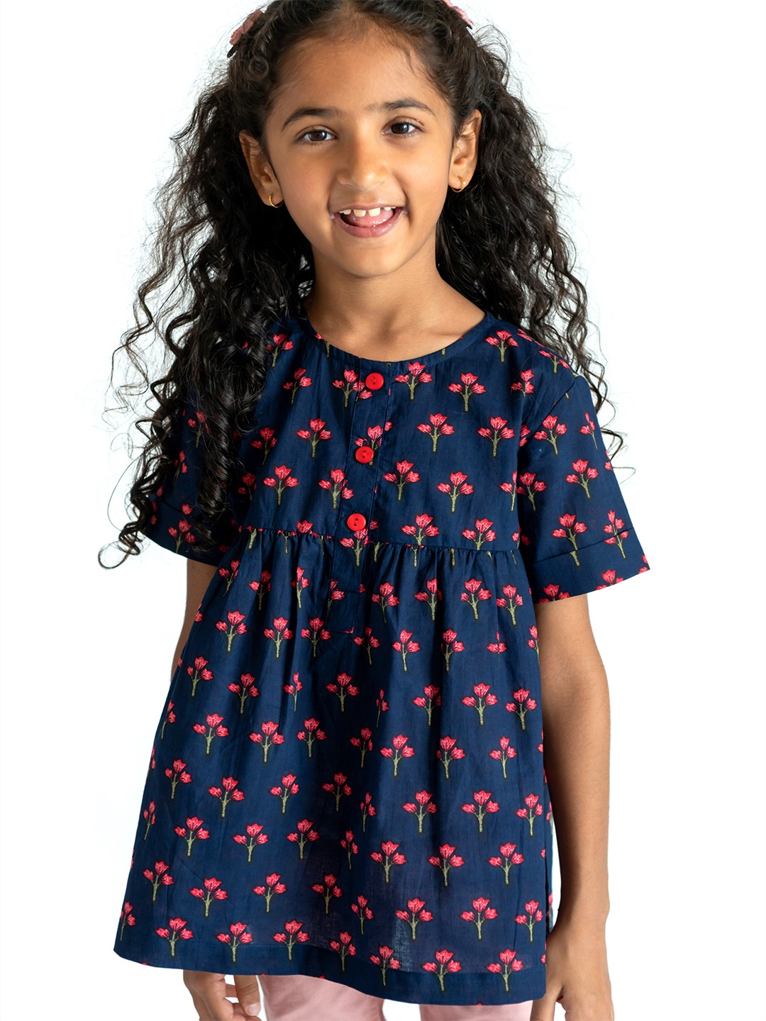 

Campana Girls Navy Blue Printed Pure Cotton Top