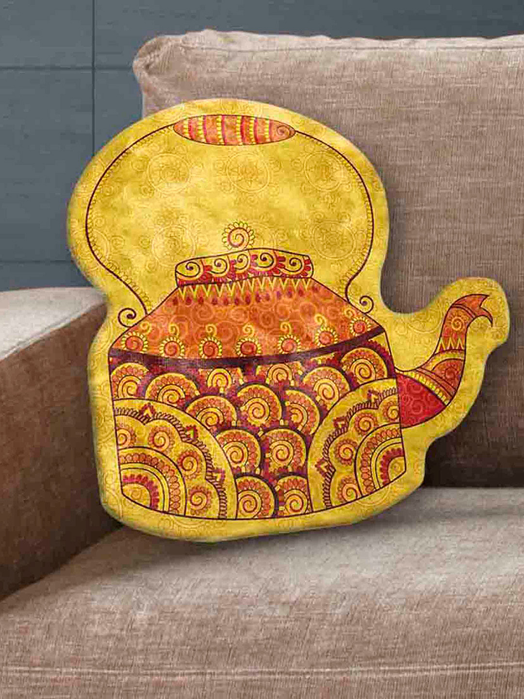 

LA VERNE Mustard Yellow & Red Kettle Shaped Cushion With Filler