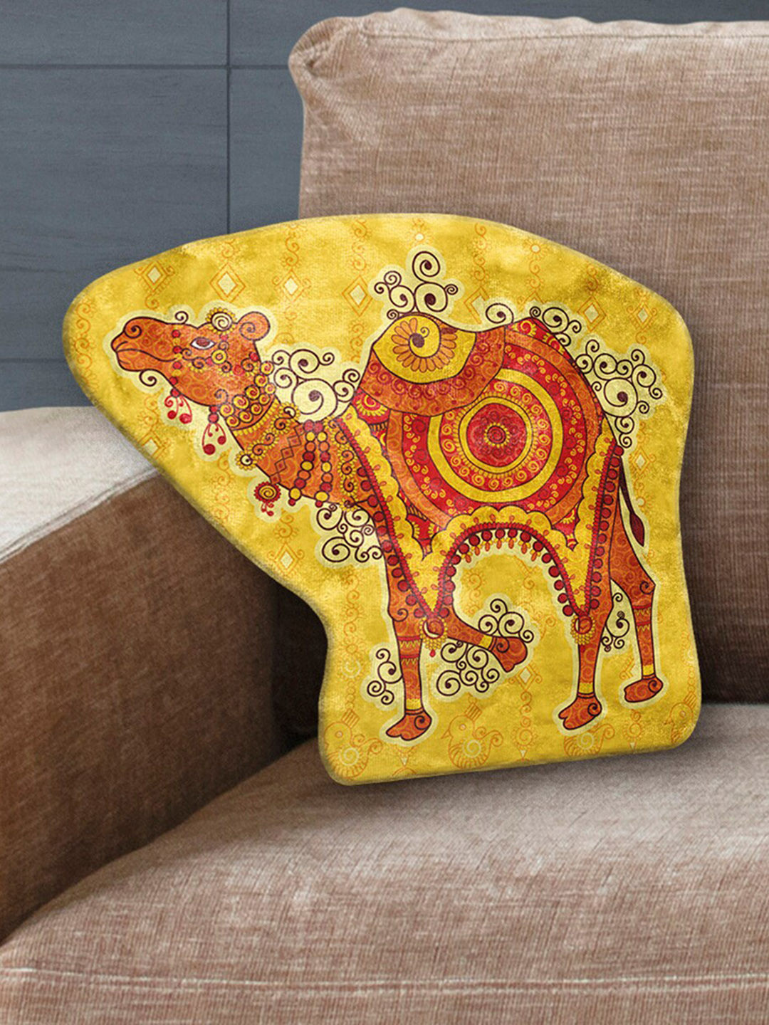 

LA VERNE Yellow & Red Printed Velvet Cushion with Filler