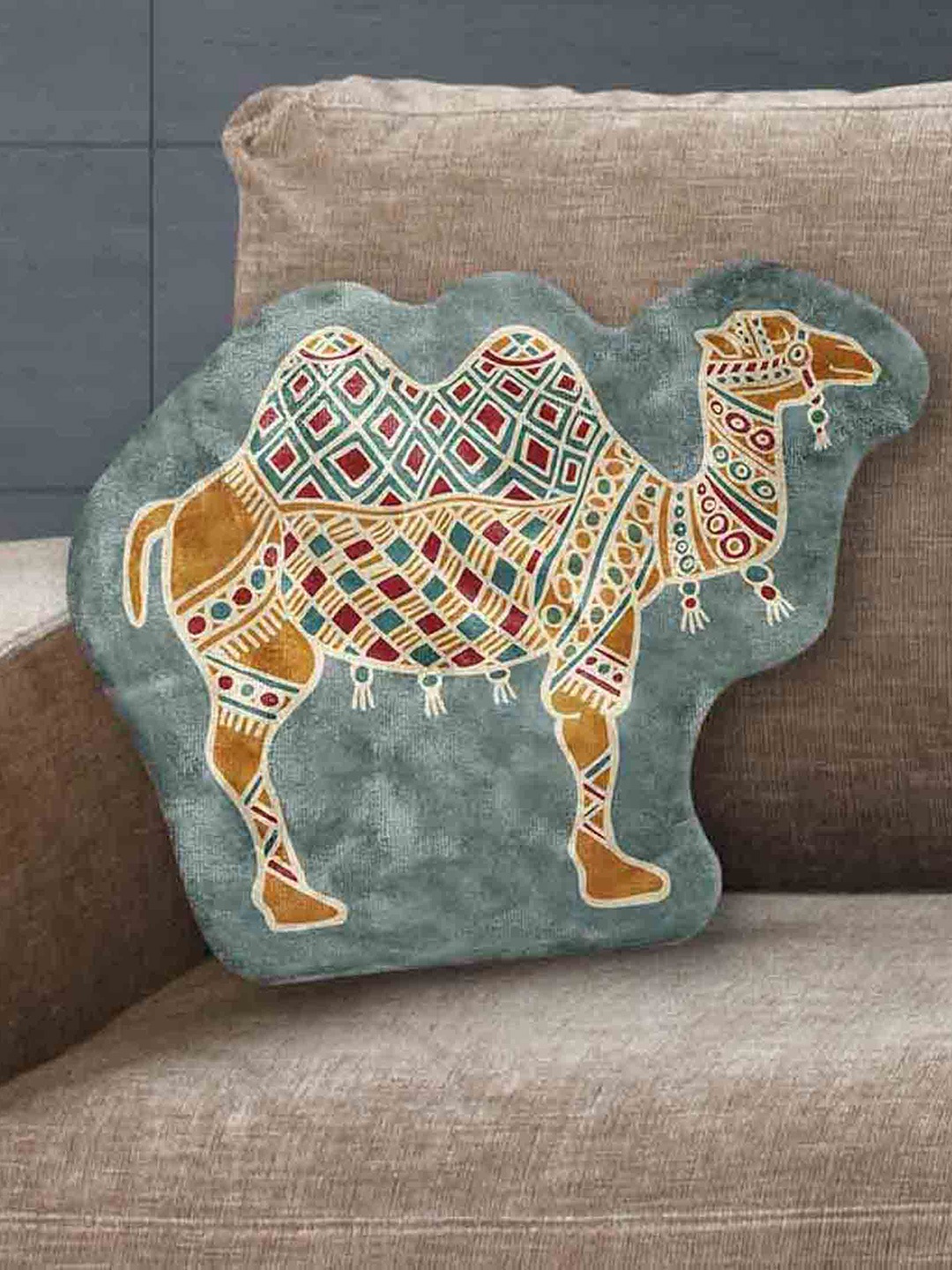 

LA VERNE Sage Green & Orange Camel Shaped Cushion With Filler