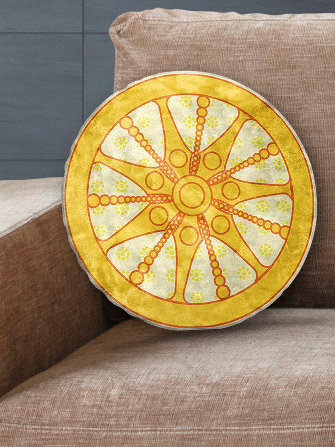 

LA VERNE Yellow & Red Printed Round Shaped Pre Filled Cushion