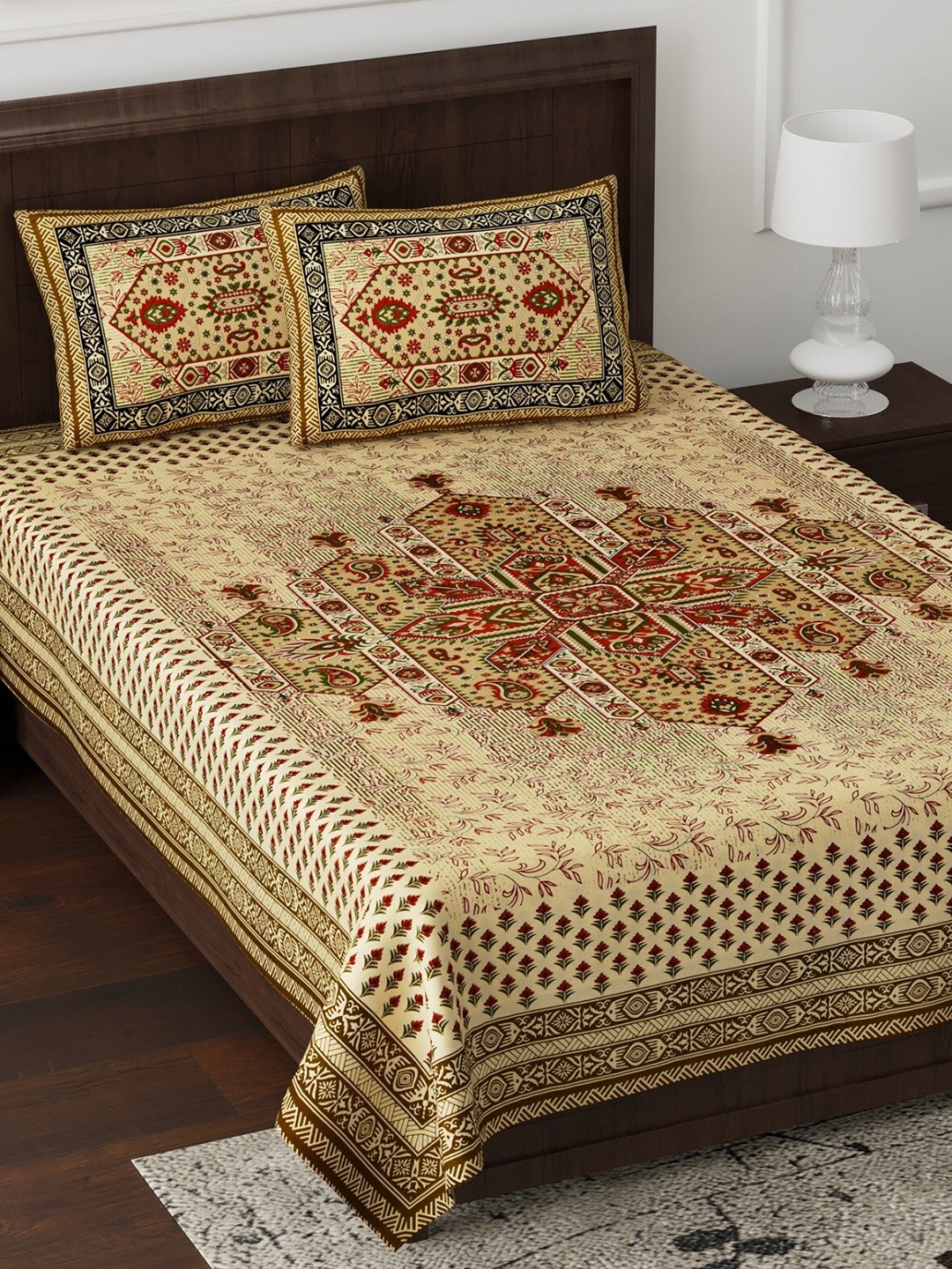 

JAIPUR FABRIC Mustard & Red Ethnic Motifs 180 TC Single Bedsheet with 2 Pillow Covers