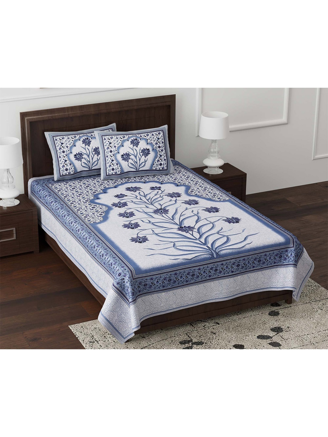 

JAIPUR FABRIC Blue Floral 180 TC Single Pure Cotton Bedsheet with 2 Pillow Covers
