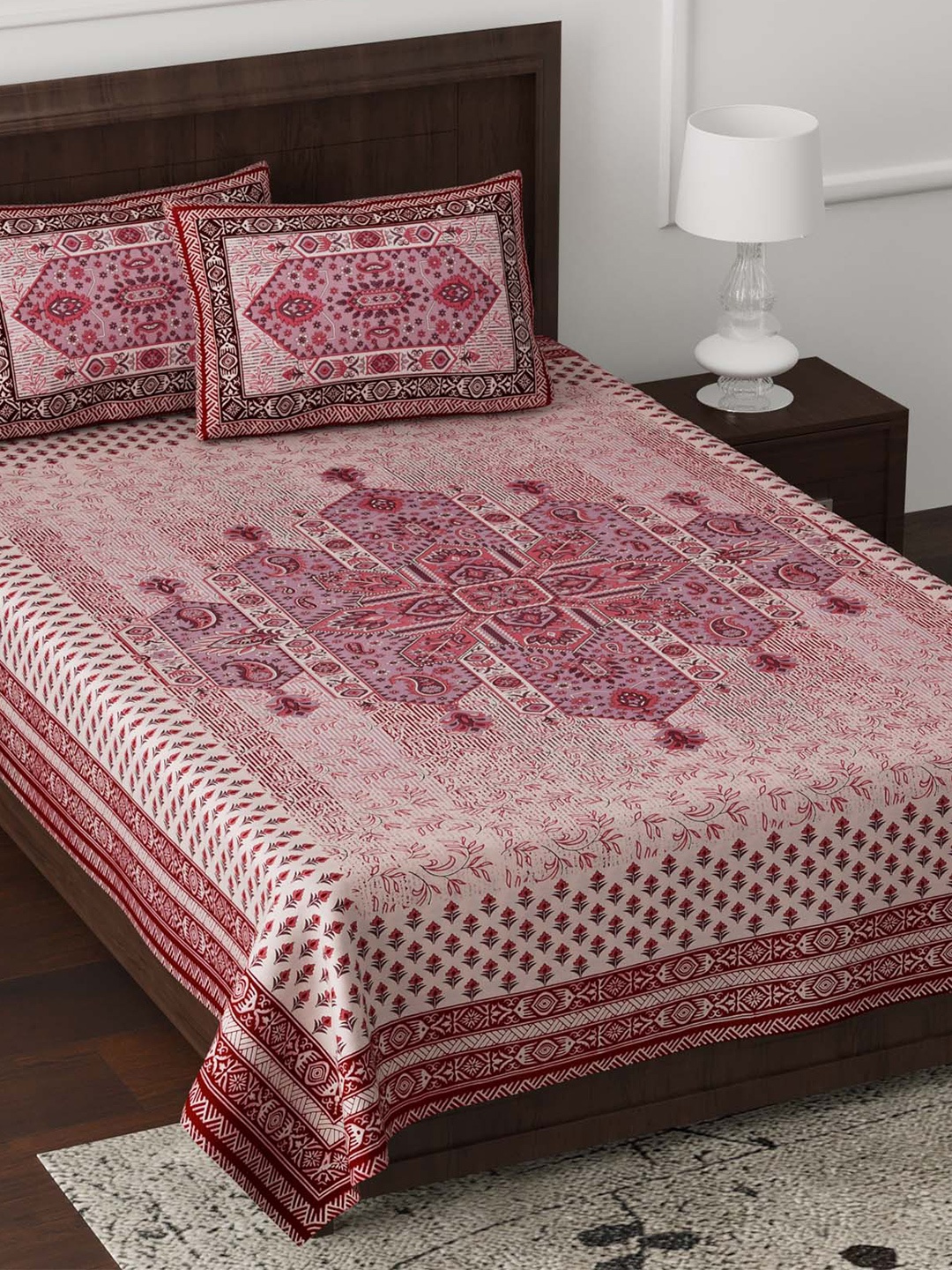 

JAIPUR FABRIC Pink & Maroon Ethnic Printed 180 TC Single Bedsheet with 2 Pillow Covers