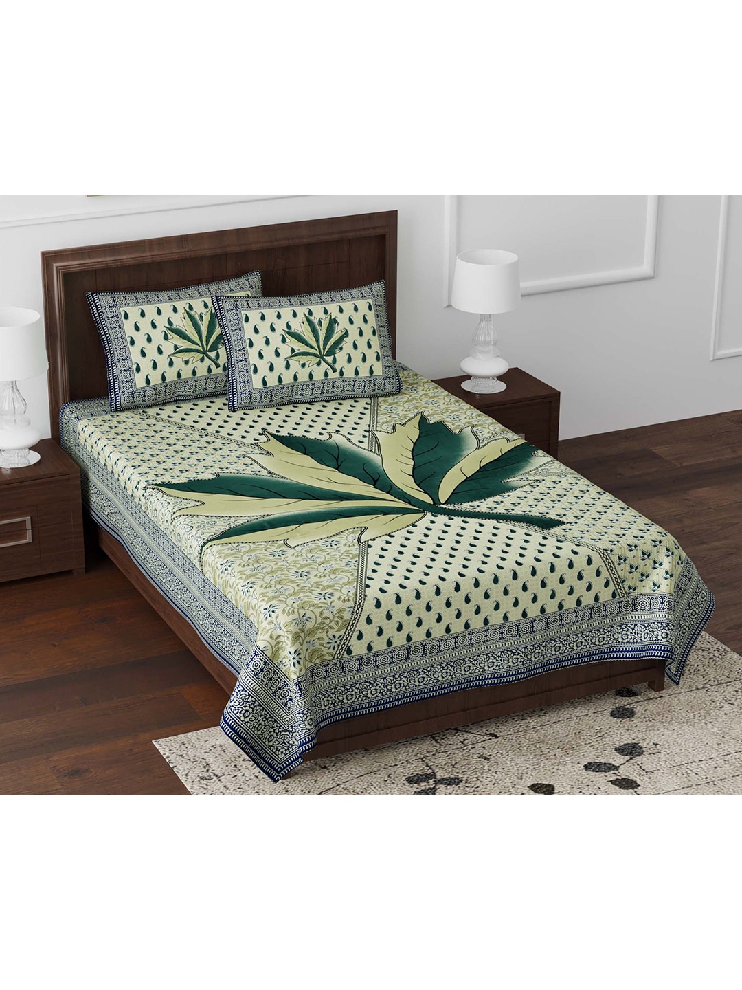 

JAIPUR FABRIC Green Floral Printed 180 TC Cotton Single Bedsheet with 2 Pillow Covers