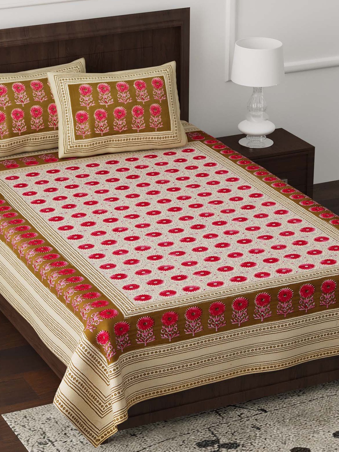 

JAIPUR FABRIC Brown & Red Floral 180 TC Single Pure Cotton Bedsheet with 2 Pillow Covers