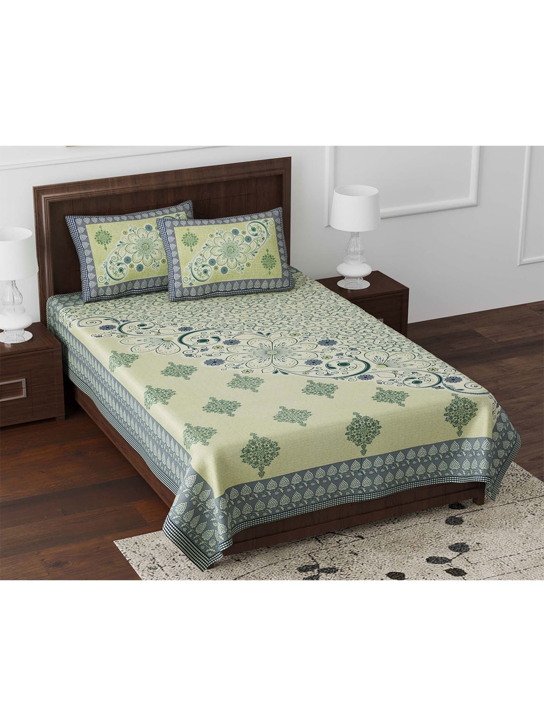 

JAIPUR FABRIC Green & Yellow Floral Printed 180 TC Single Bedsheet with 2 Pillow Covers
