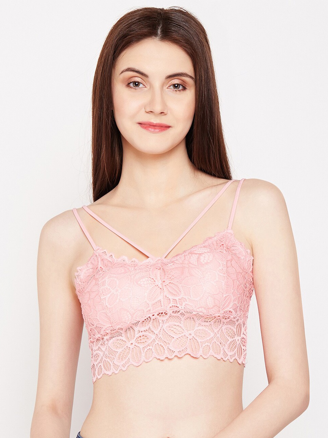 

Lebami Pink Floral Lace Removable Padding Bralette Bra