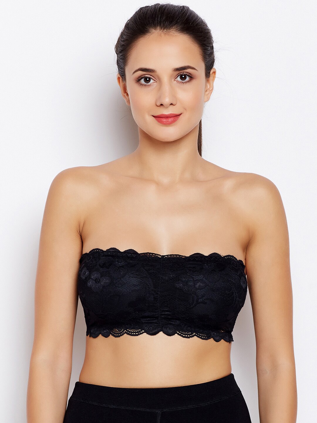 

Lebami Black Removable Padding Rapid Dry Floral Lace Bandeau Bra