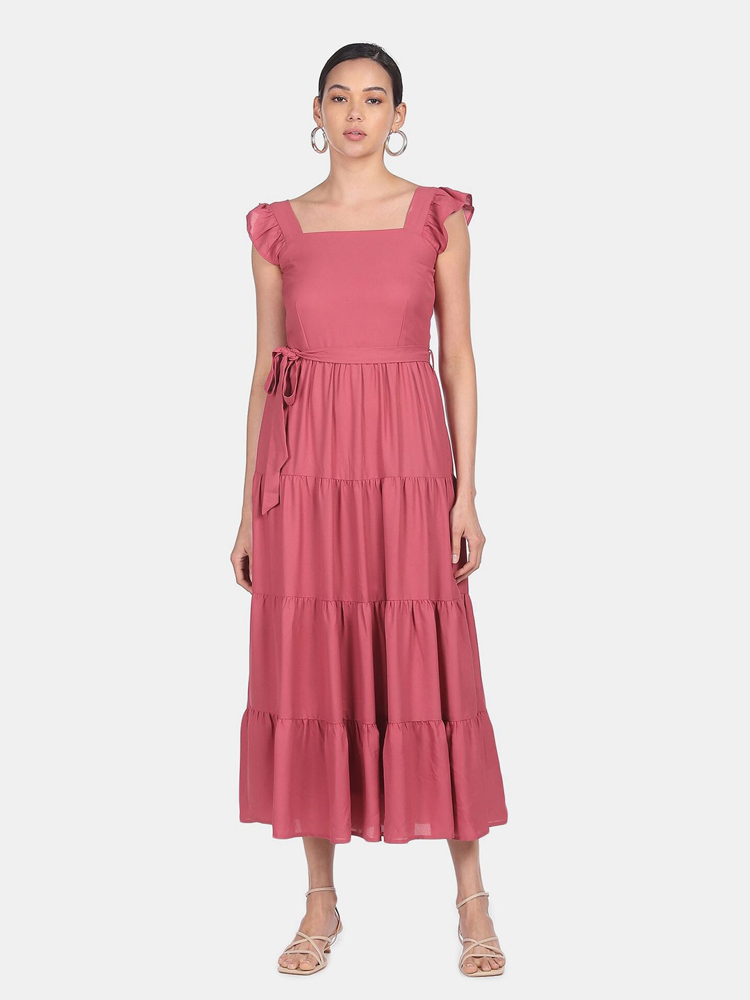 

SHFFL Women Pink Square Neck Tiered Belted Maxi Dress