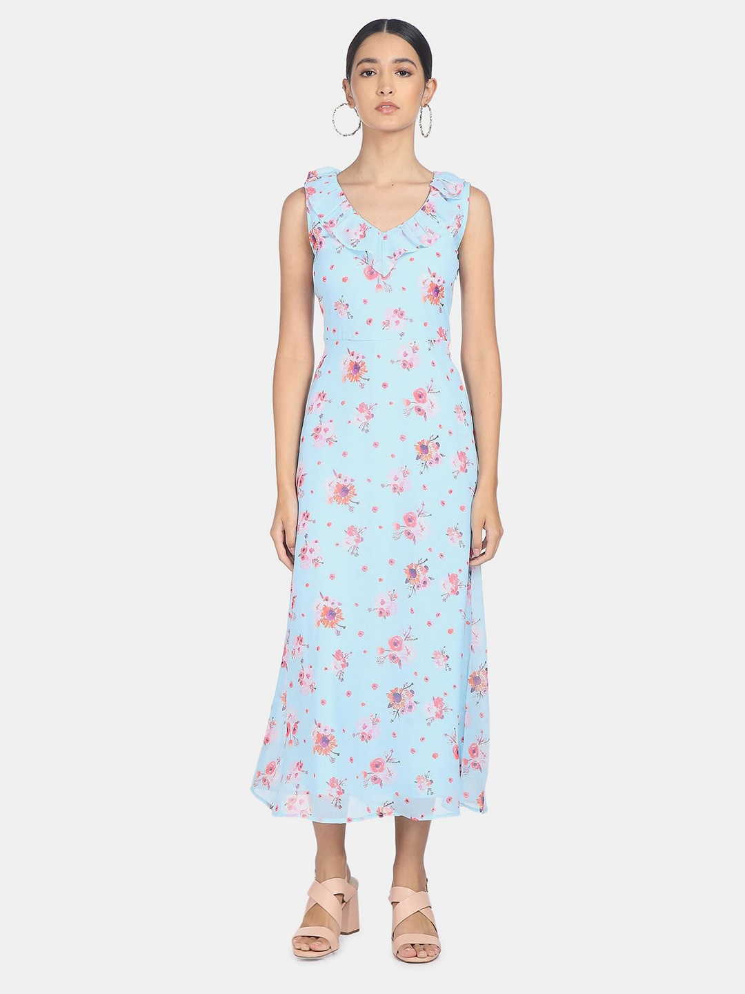 

SHFFL Women Blue & Coral Floral Printed A-Line Midi Dress
