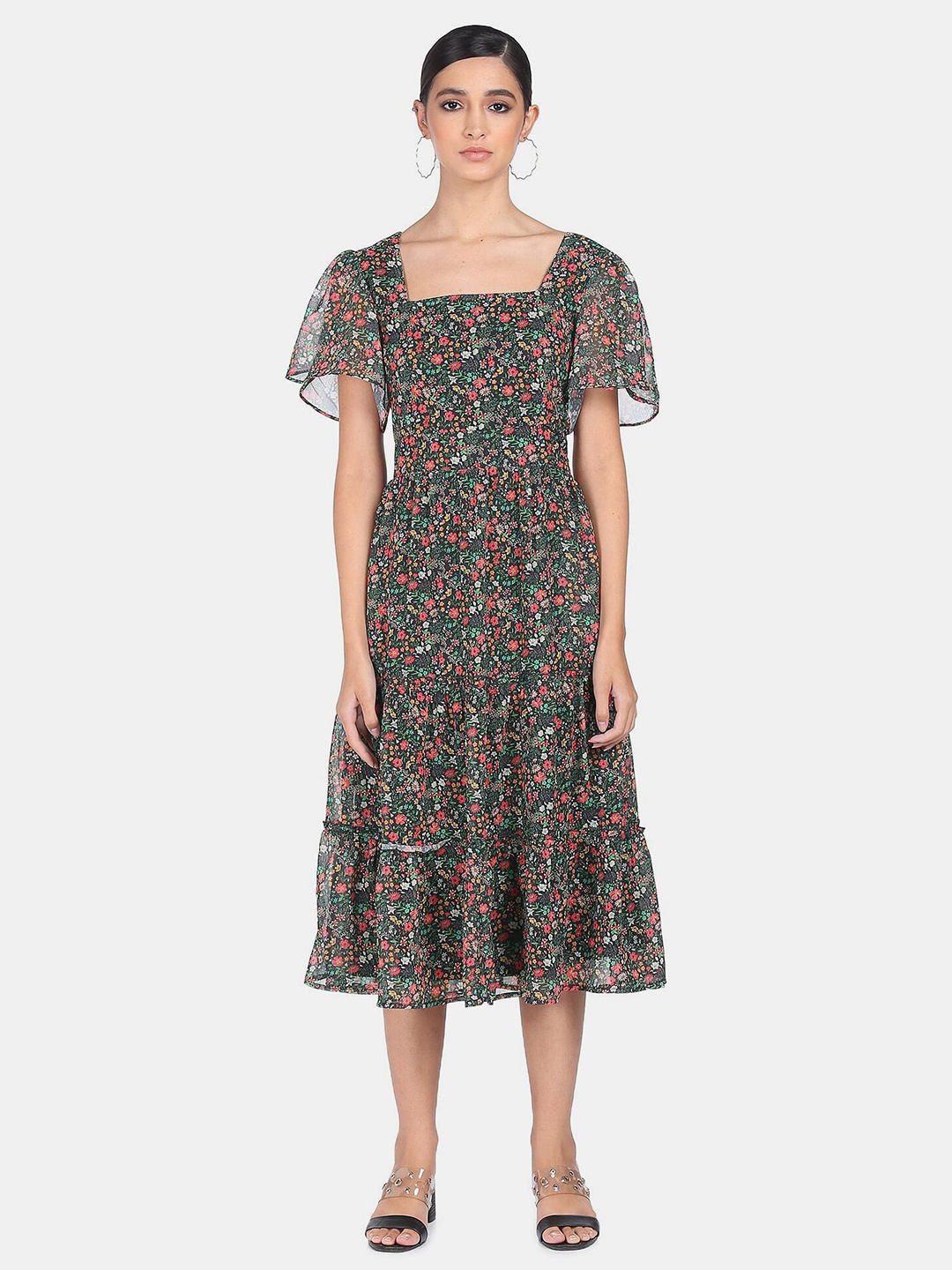 

SHFFL Women Multicoloured Floral A-Line Square Neck Midi Dress, Multi