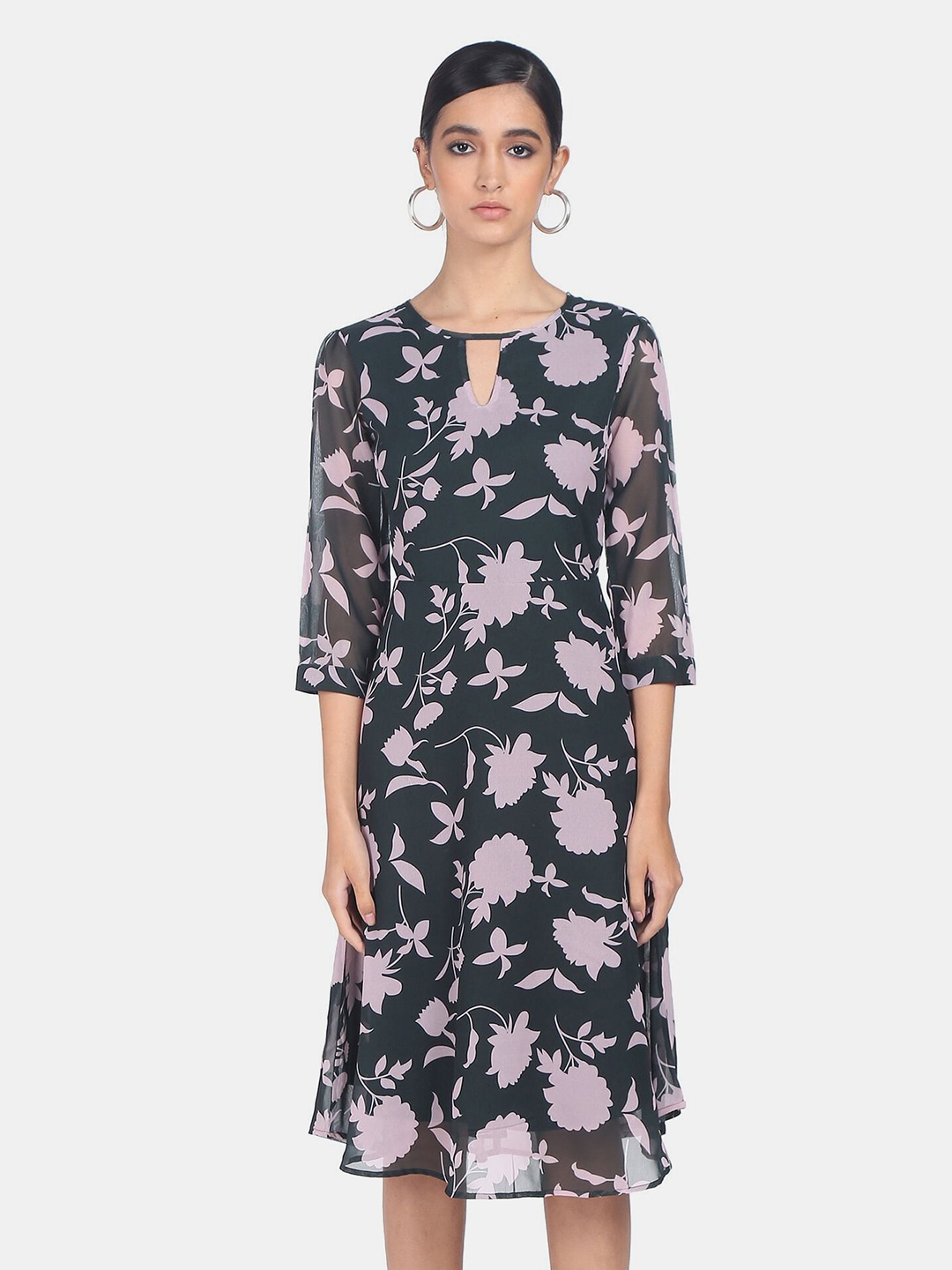 

SHFFL Navy Blue & Pink Floral Keyhole Neck A-Line Midi Dress