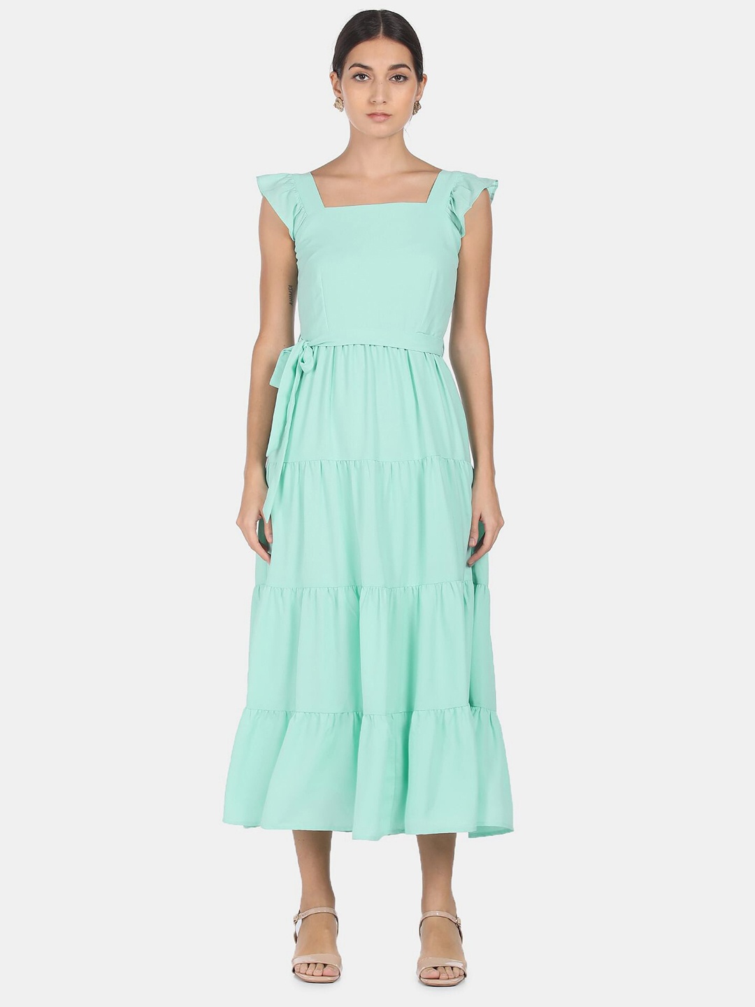 

SHFFL Turquoise Blue A-Line Tiered Midi Dress