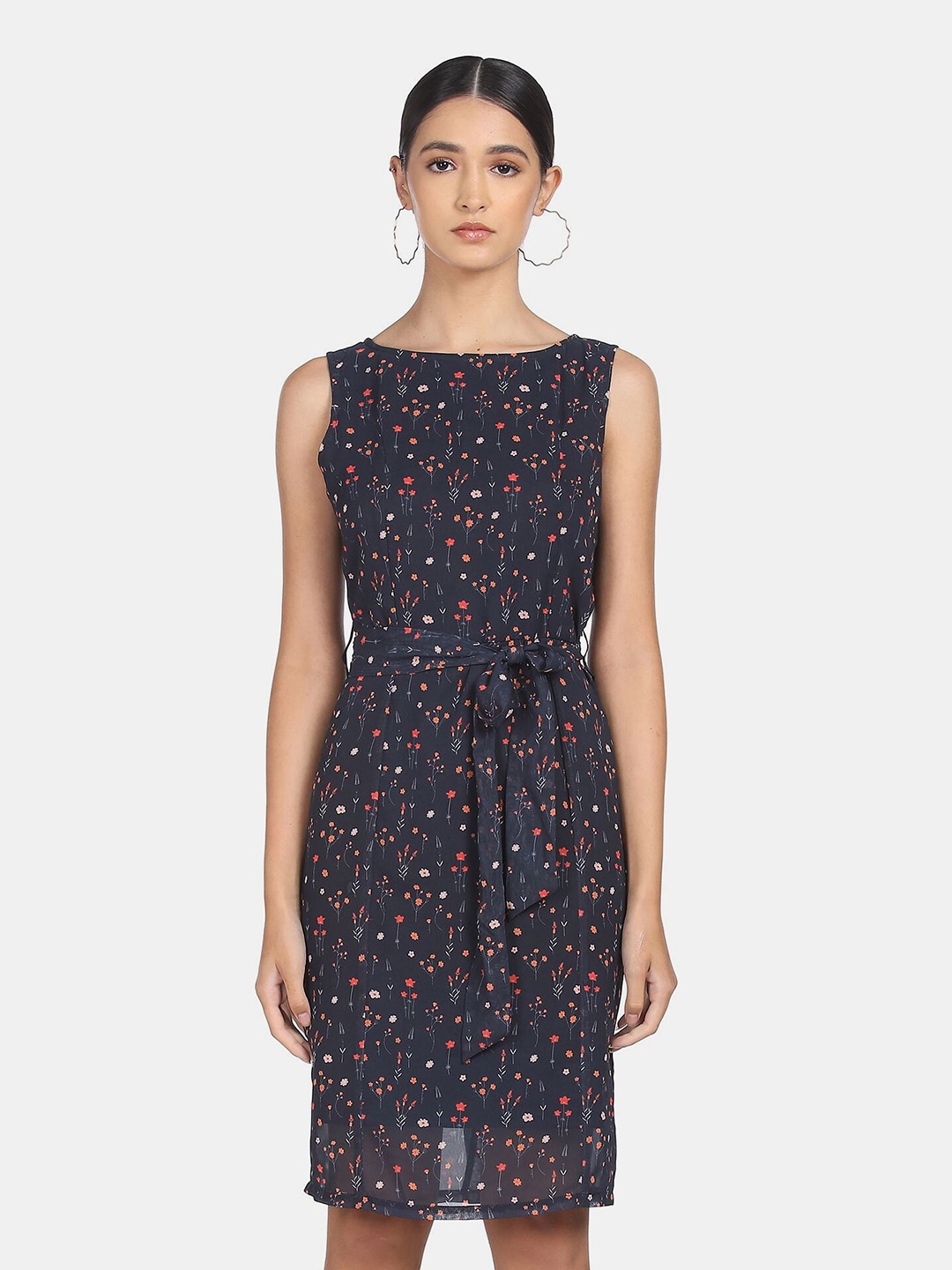 

SHFFL Women Blue & Orange Floral Printed Fit And Flare Dress