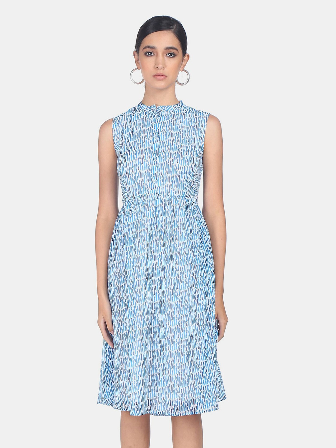 

SHFFL Women White & Blue Floral Printed A-Line Midi Dress