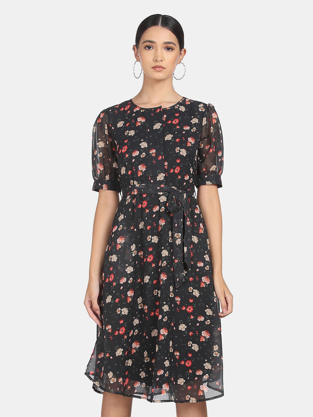 

SHFFL Women Black Floral Belted Fit & Flare Dress