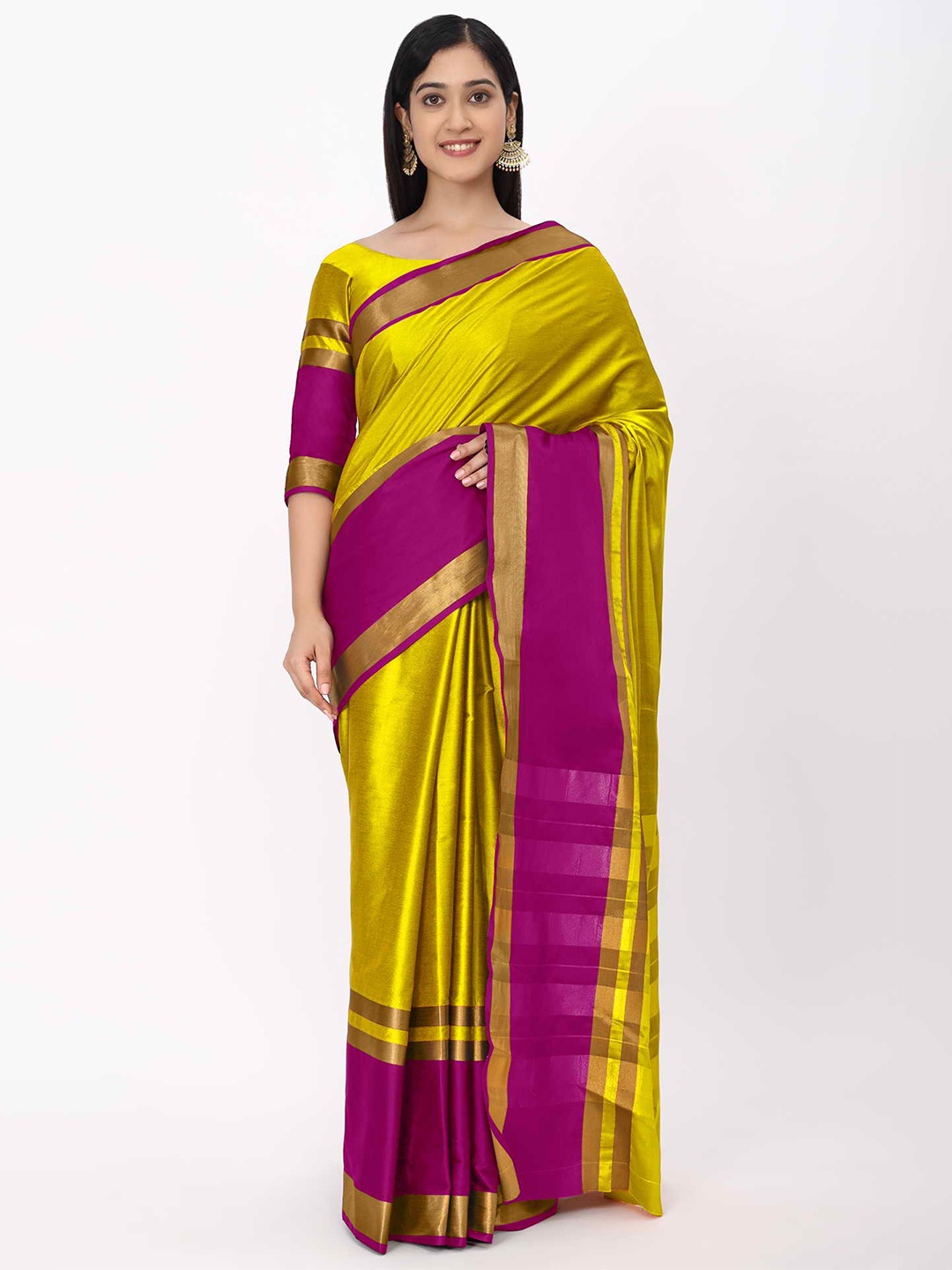 

KALINI Lime Green & Pink Woven Design Zari Silk Cotton Mysore Silk Saree