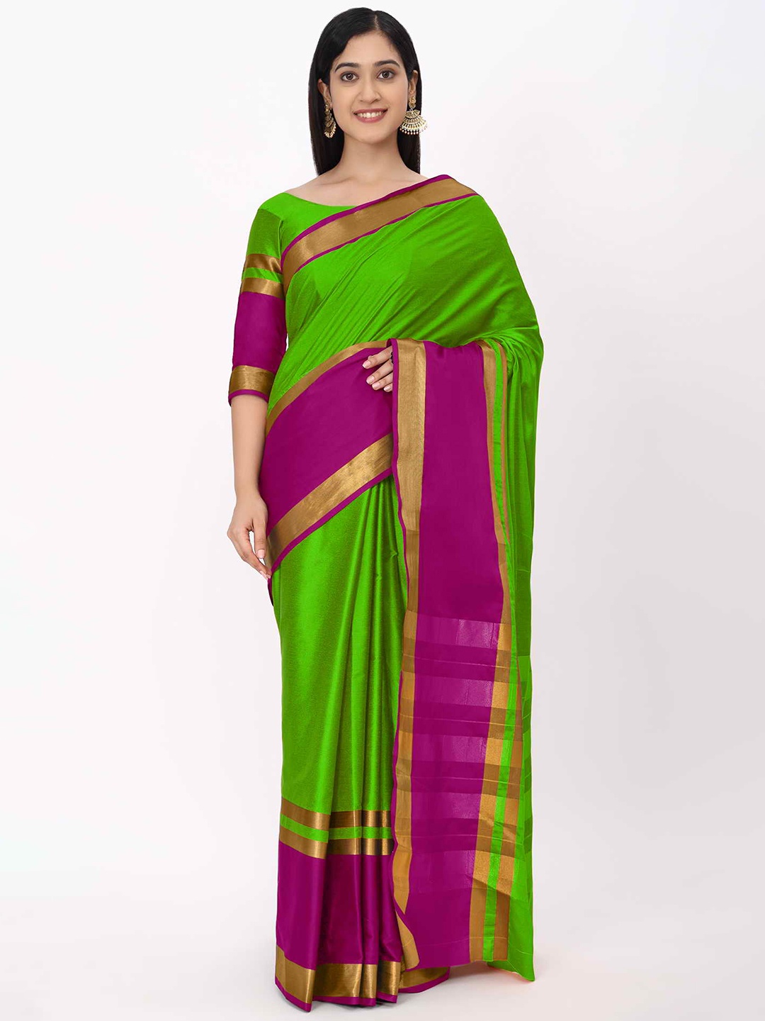 

KALINI Fluorescent Green & Pink Zari Silk Cotton Mysore Silk Saree