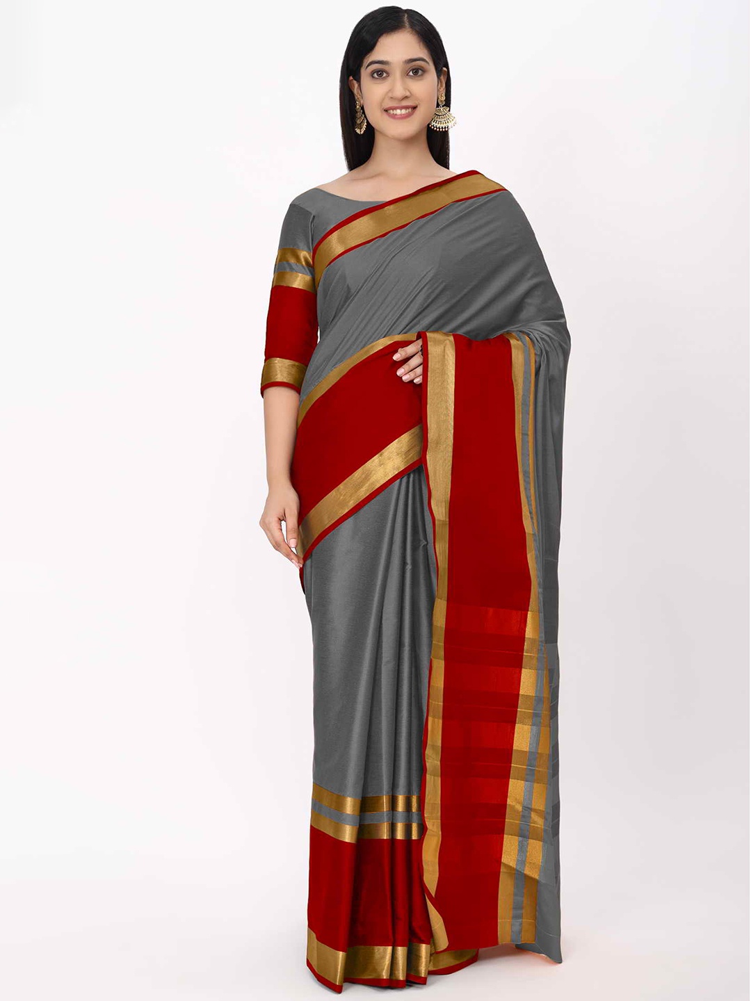 

KALINI Grey & Red Zari Silk Cotton Mysore Silk Saree