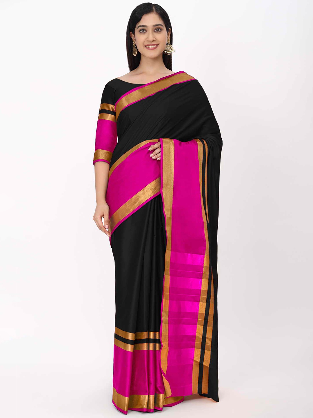 

KALINI Black & Pink Colourblocked Silk Cotton Mysore Silk Saree