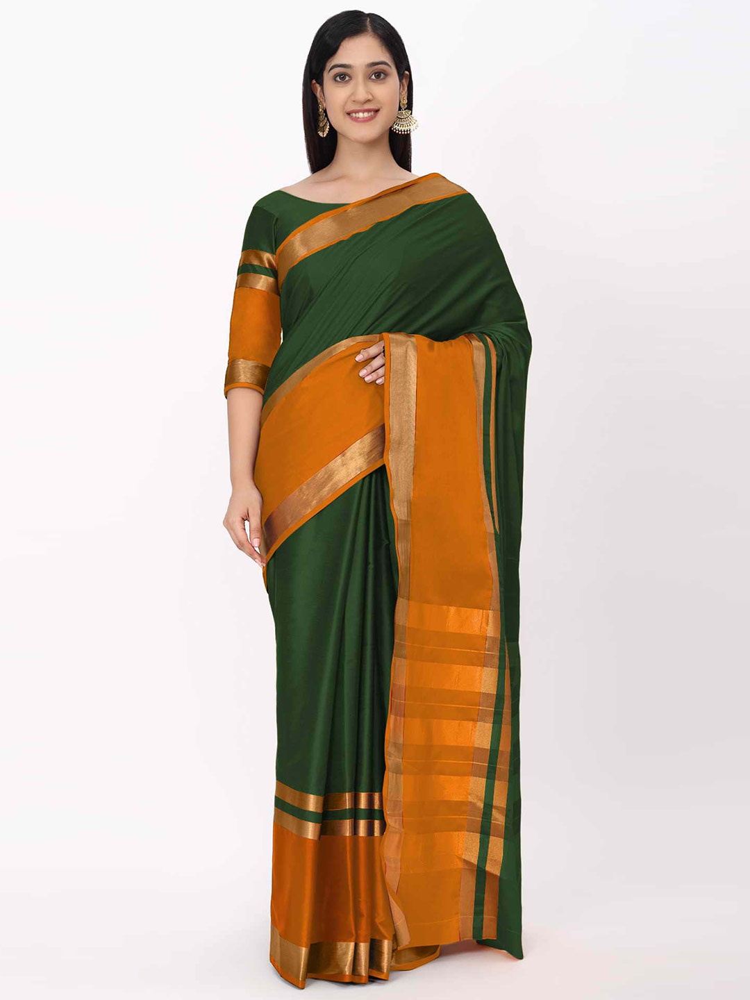 

KALINI Green & Mustard Solid Zari Silk Cotton Mysore Silk Saree