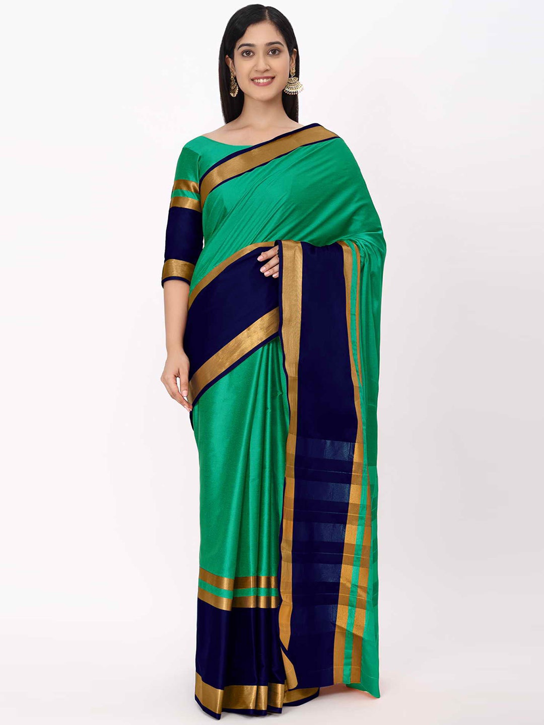 

KALINI Sea Green & Navy Blue Zari Silk Cotton Mysore Silk Saree