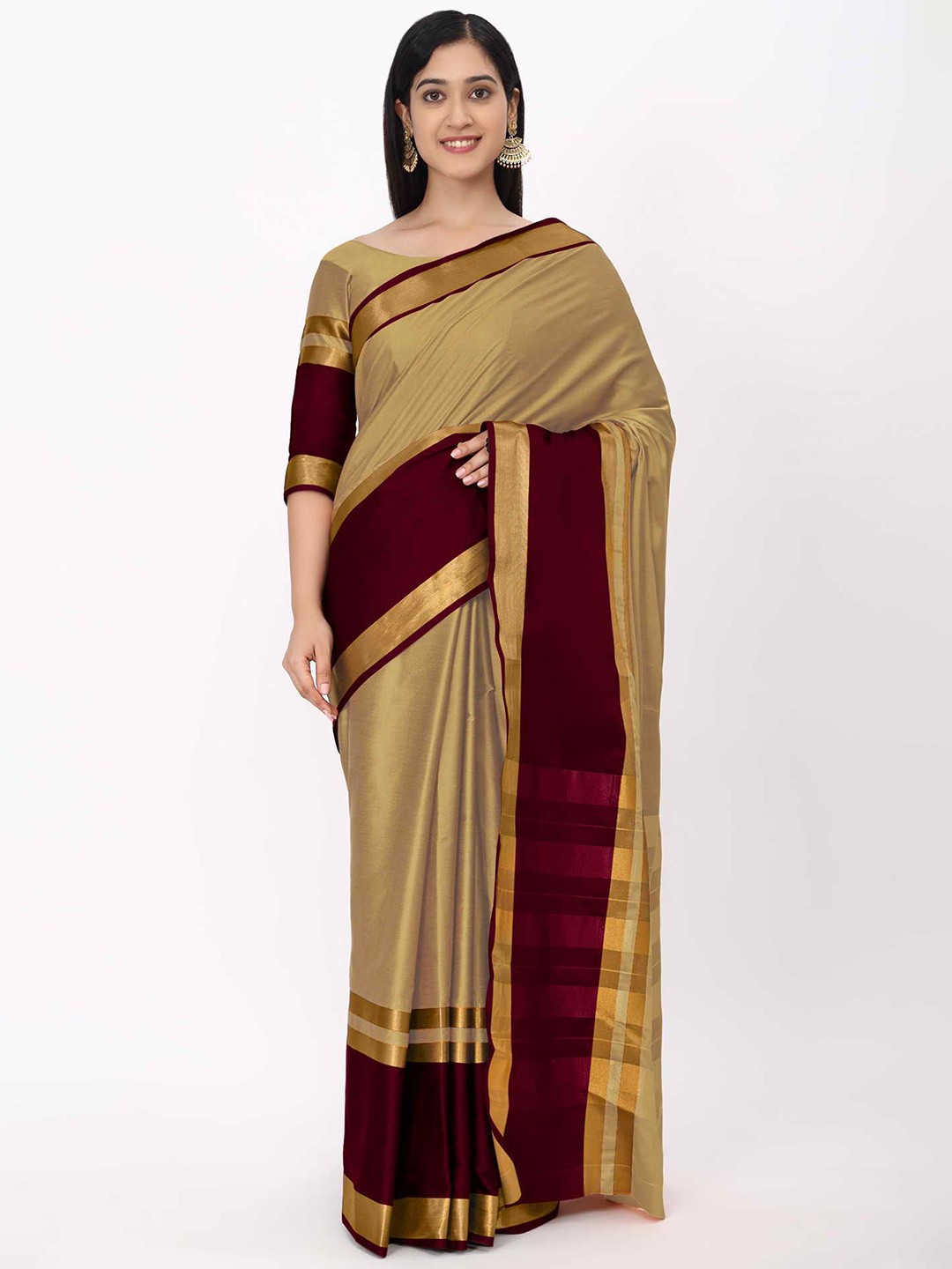 

KALINI Beige & Maroon Woven Design Zari Silk Cotton Mysore Silk Saree