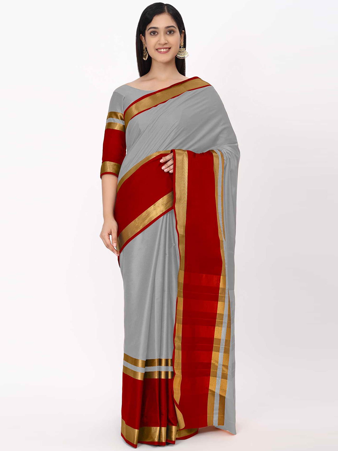 

KALINI Grey & Red Zari Silk Cotton Mysore Silk Saree