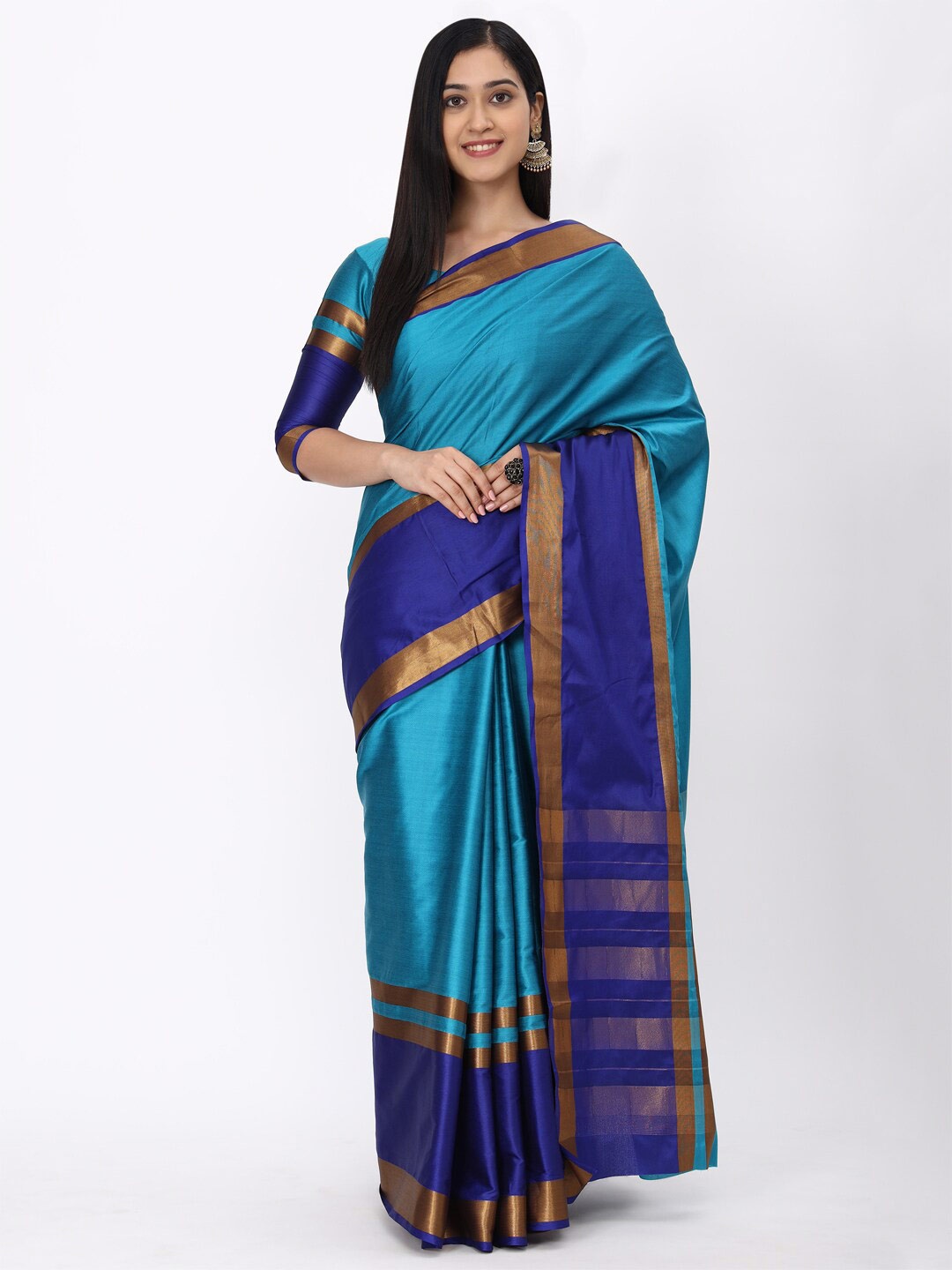 

KALINI Blue & Gold-Toned Silk Cotton Mysore Silk Saree