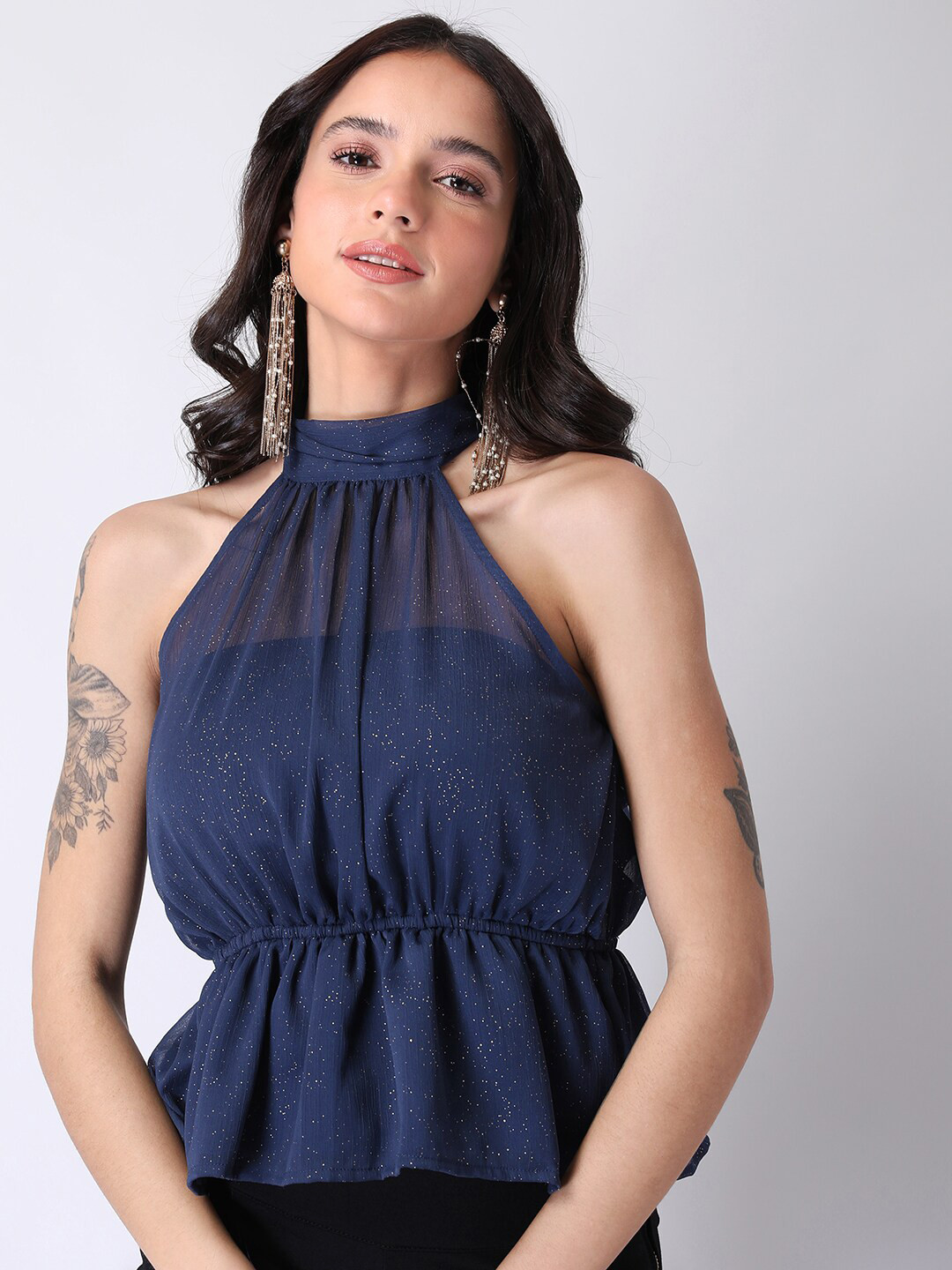 

FabAlley Navy Blue Georgette Cinched Waist Top