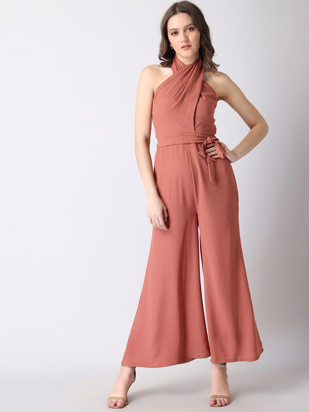 

FabAlley Pink Halter Neck Belted Jumpsuit