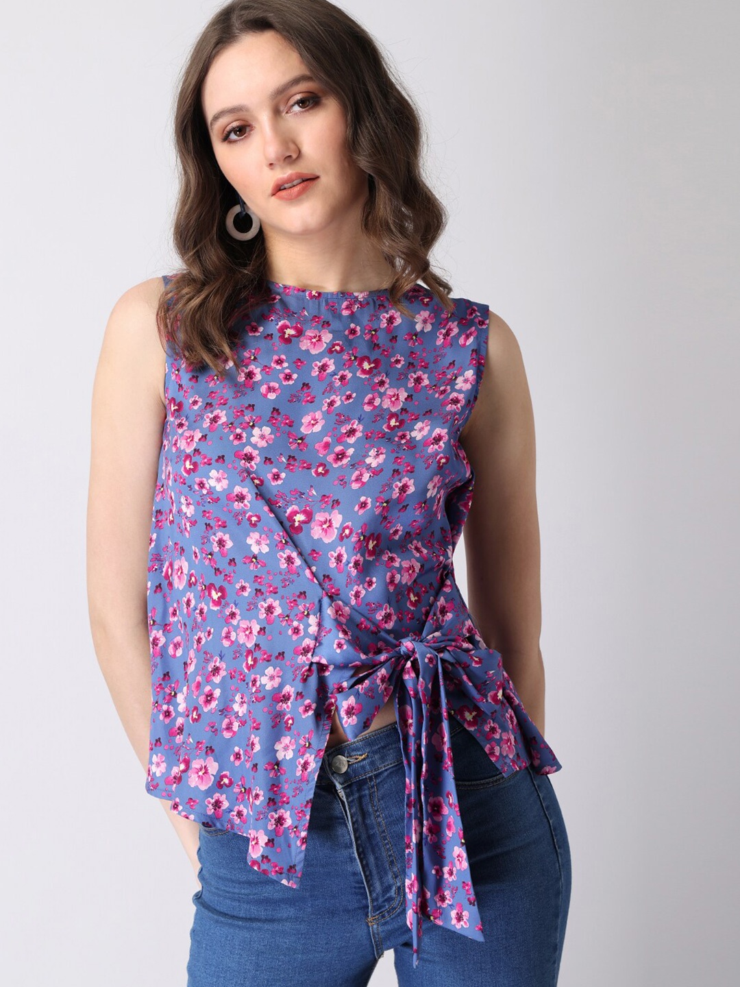 

FabAlley Women Blue Floral Print Waist Tie-Up Top