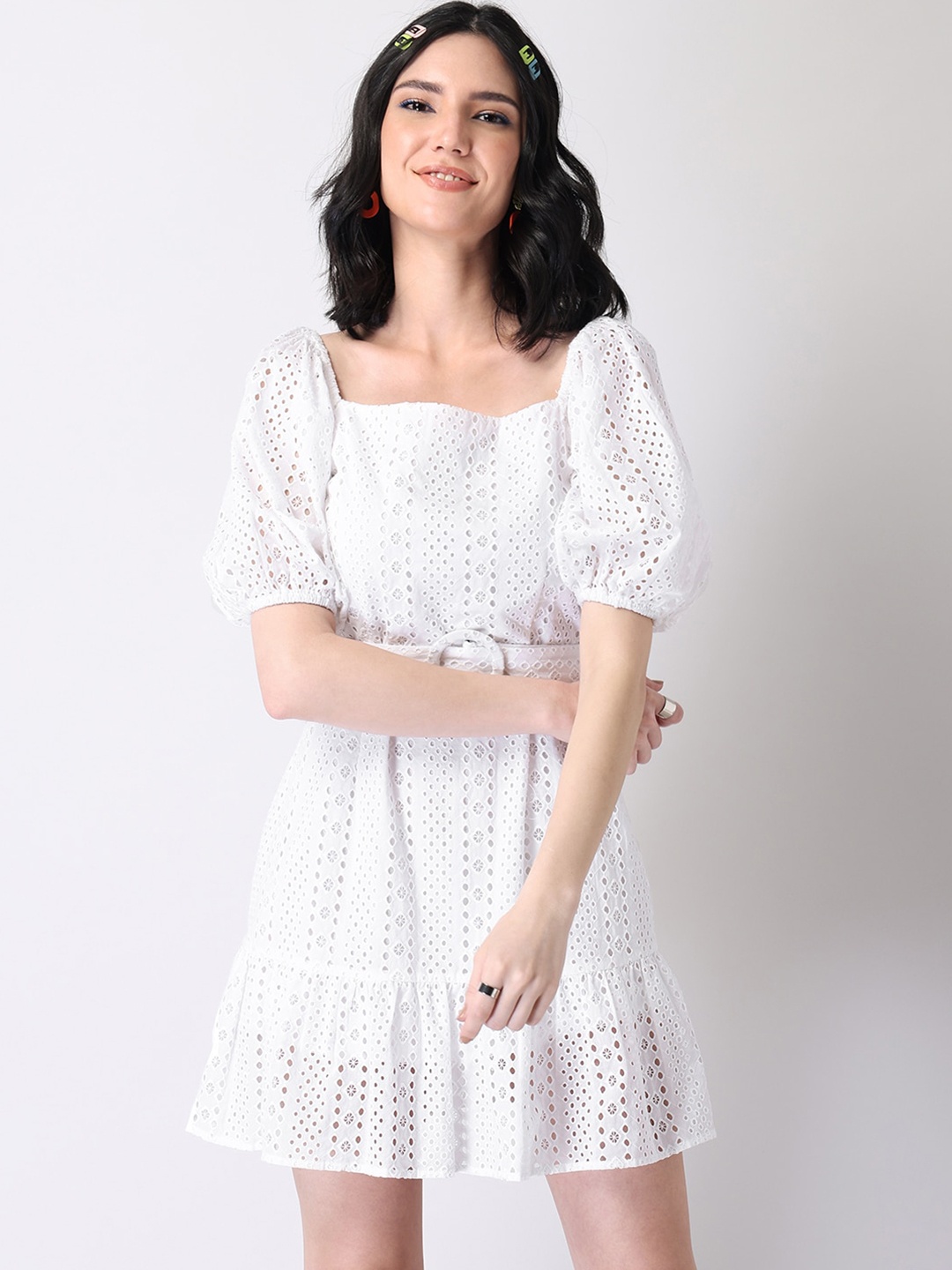 

FabAlley White Schiffli Puff Sleeves Cotton Belted Dress
