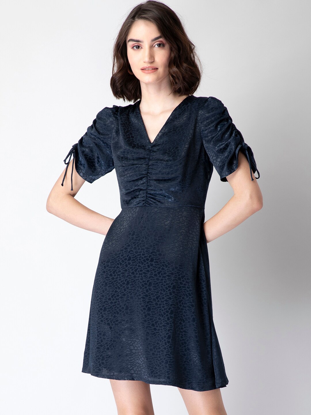 

FabAlley Blue Satin Ruched A-Line Dress