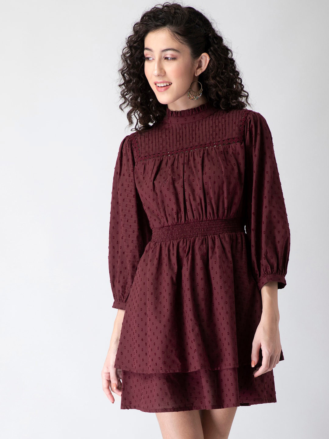 

FabAlley Maroon Floral Smocked Lace High Neck Pure Cotton Dress