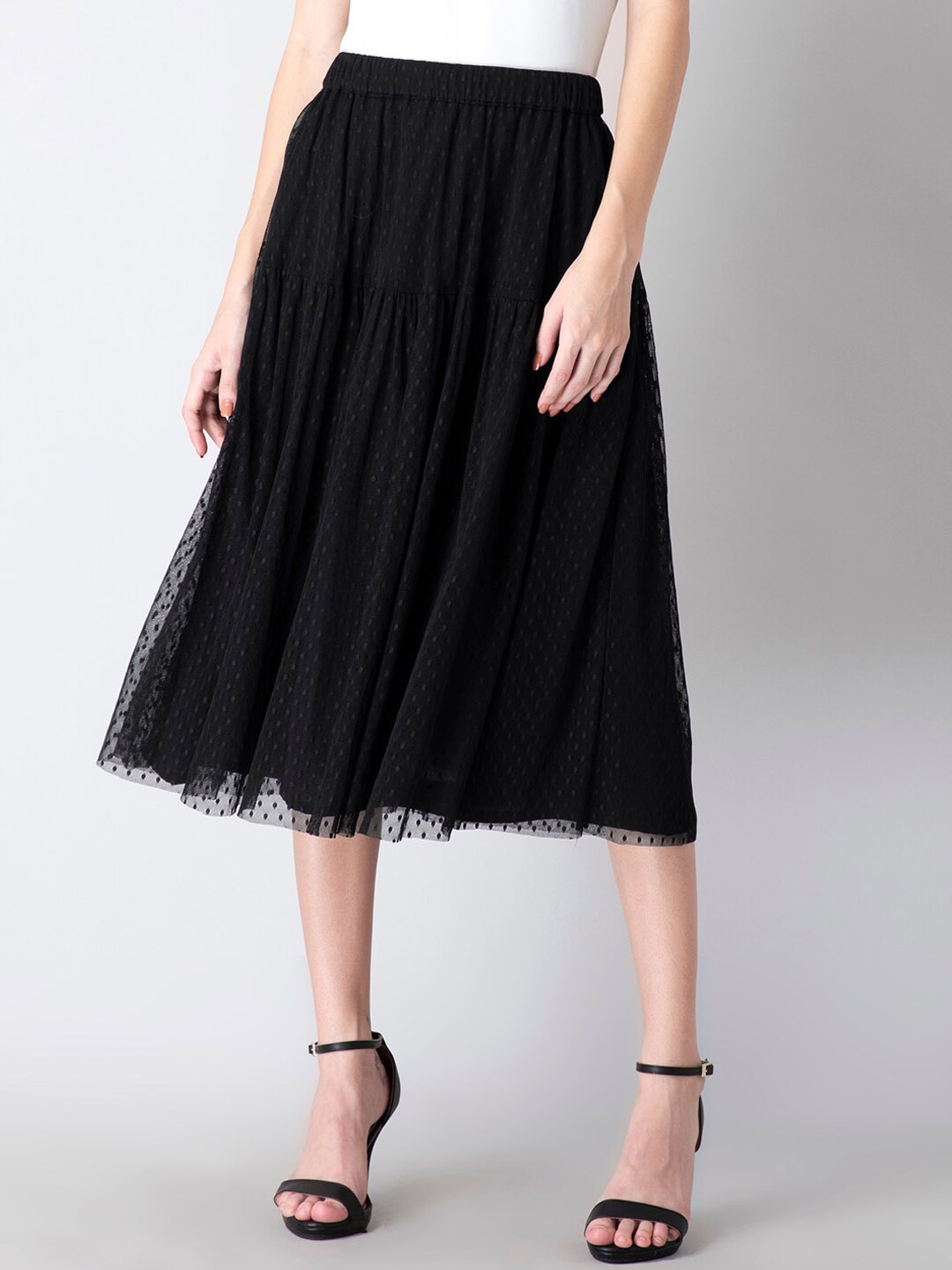 

FabAlley Women Black Dobby Flared Midi Skirt