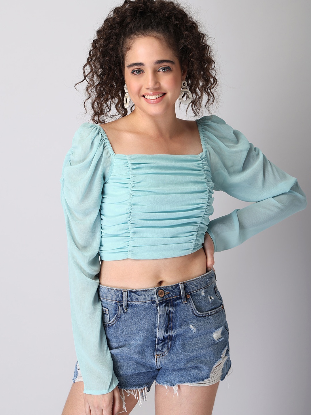 

FabAlley Blue Striped Georgette Ruched Sleeves Crop Top