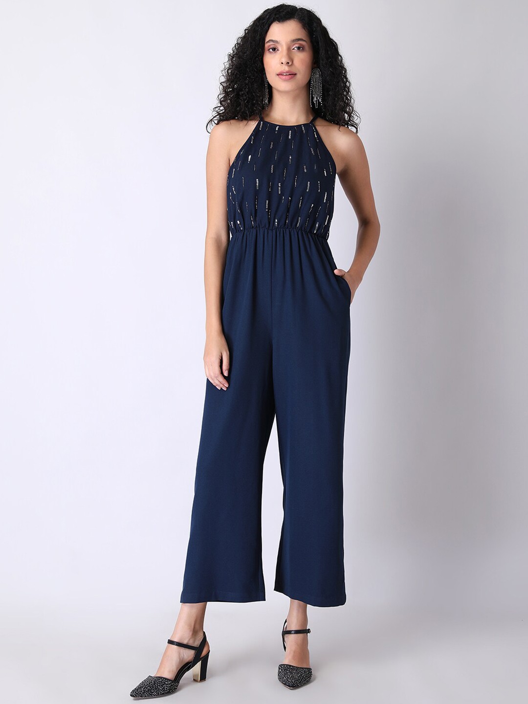 

FabAlley Women Blue Embellished Halter Neck Basic Jumpsuit