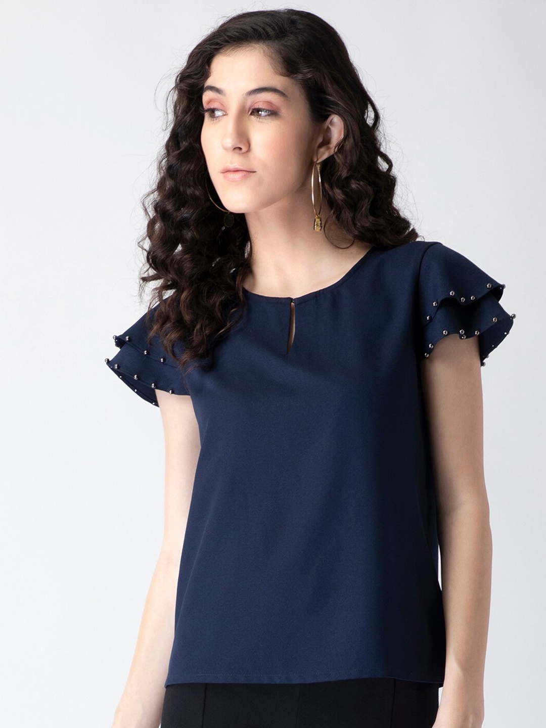 

FabAlley Blue Keyhole Neck Flutter Sleeve Crepe Top