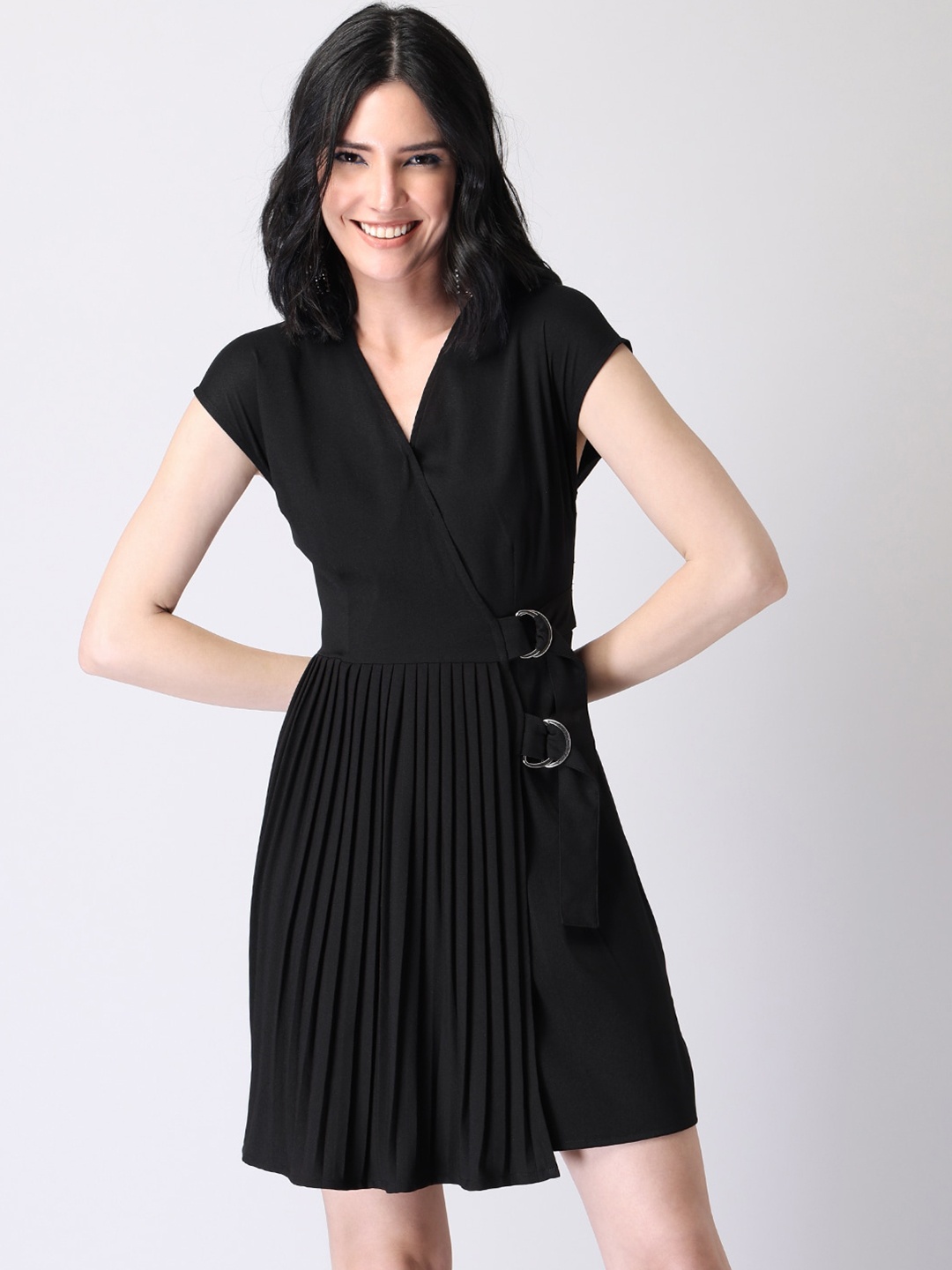 

FabAlley Women Black Solid Pleated Trim Detail Wrap Dress