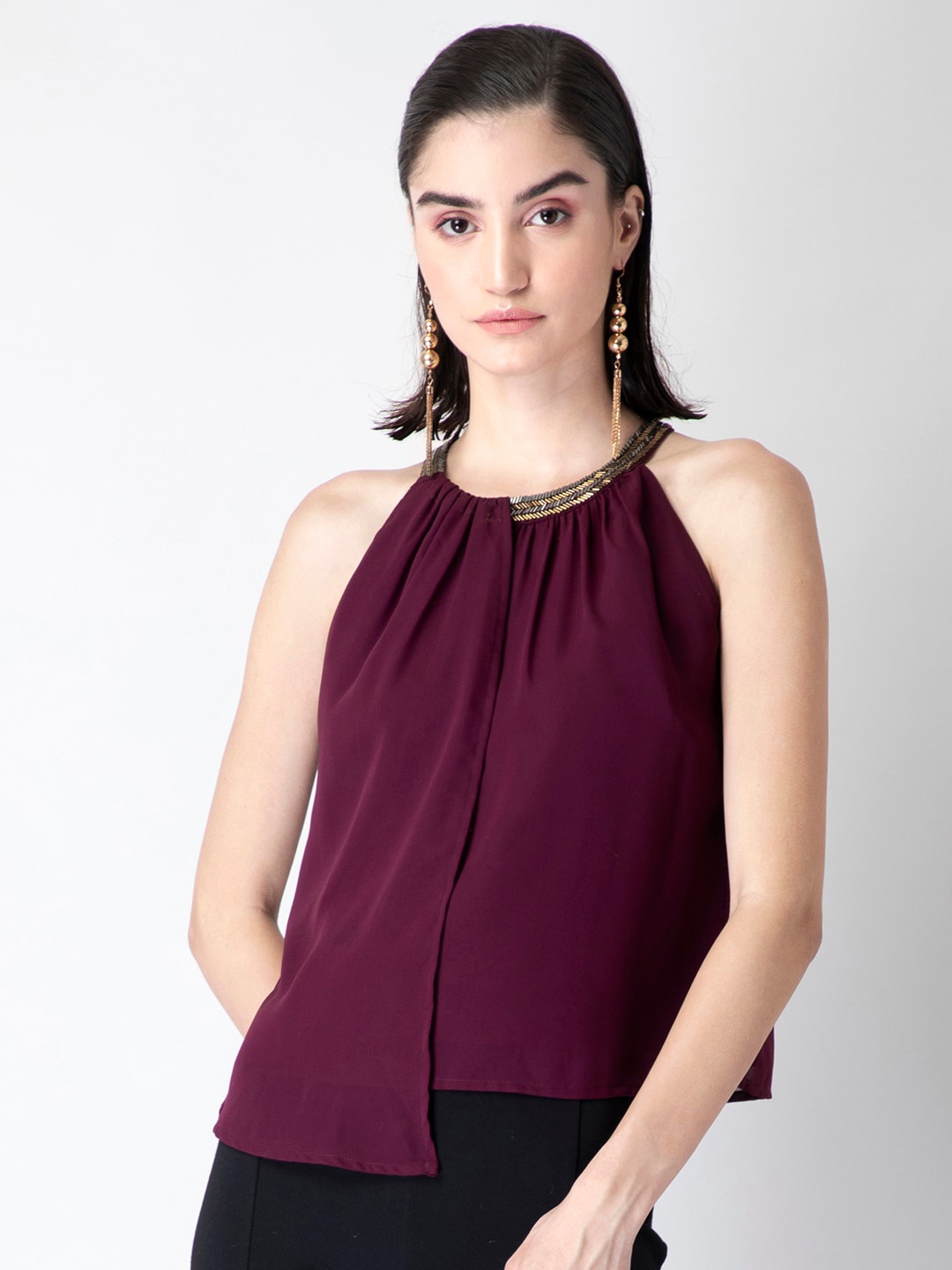 

FabAlley Purple Embellished Halter Neck Georgette Empire Top