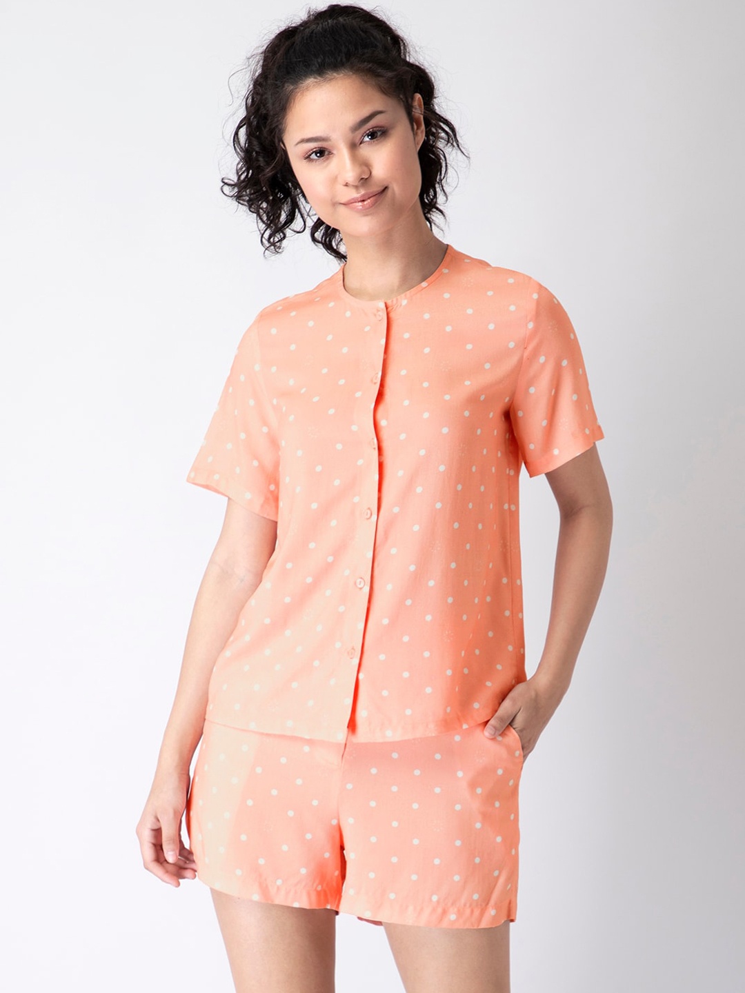

FabAlley Women Peach-Coloured & White Printed Polka Dots Night suit