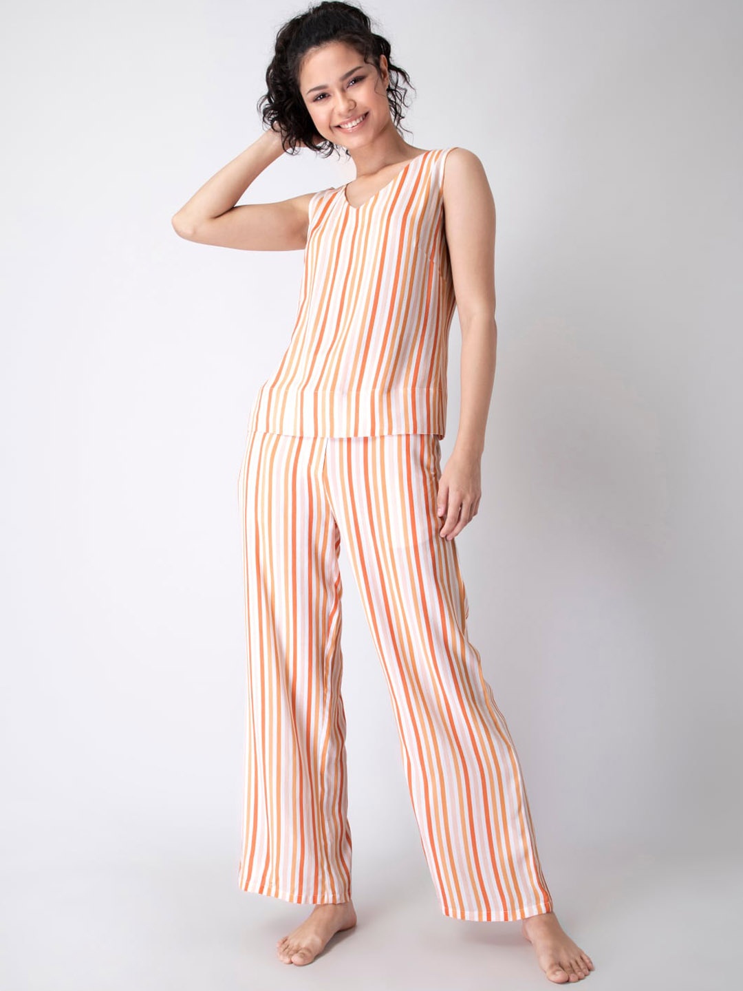 

FabAlley Women White & Orange Striped Night suit