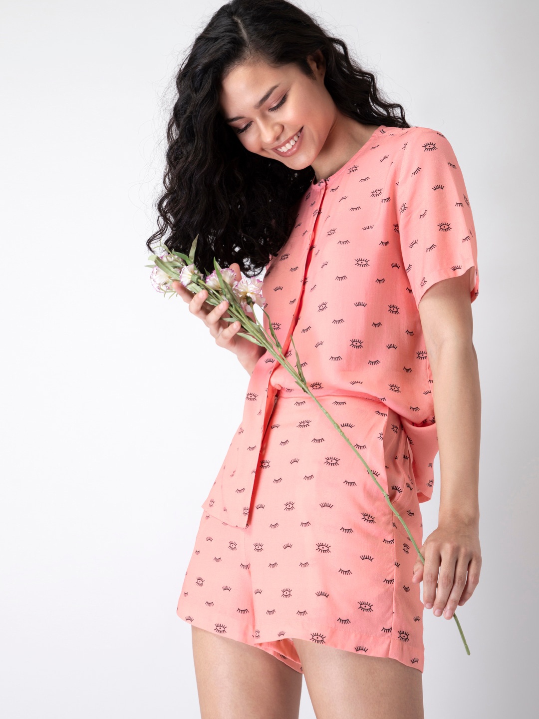 

FabAlley Women Peach-Coloured & Black Printed Pure Cotton Night suit