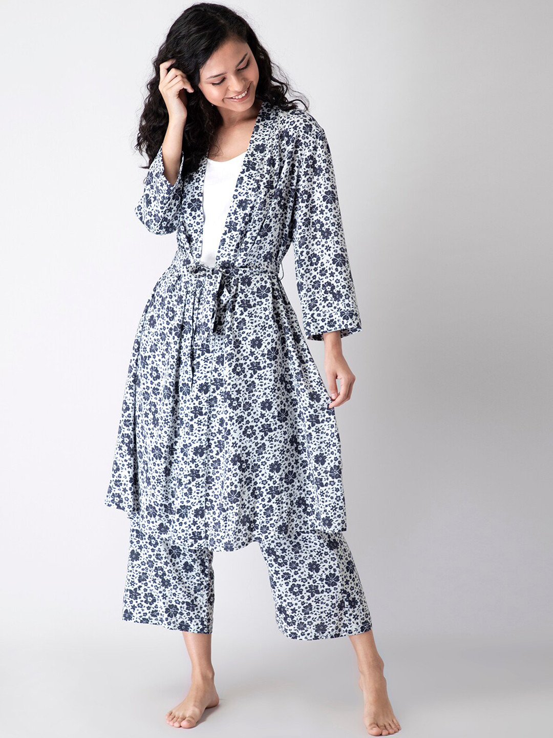 

FabAlley 3 Pieces Floral Printed Night Suit, White