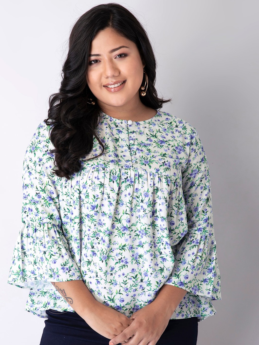 

FabAlley Curve White & Green Floral Printed Georgette Top